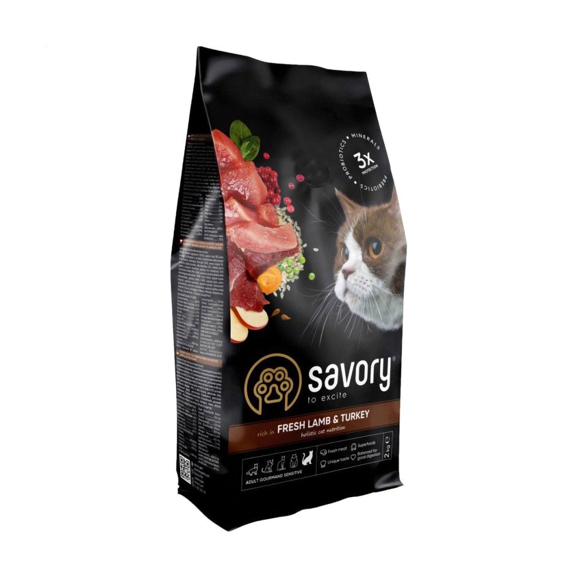 Сухий корм для дорослих кішок з чутливим травленням Savory Adult Cat Sensitive Digestion зі свіжим м'ясом ягня та індички, 2 кг